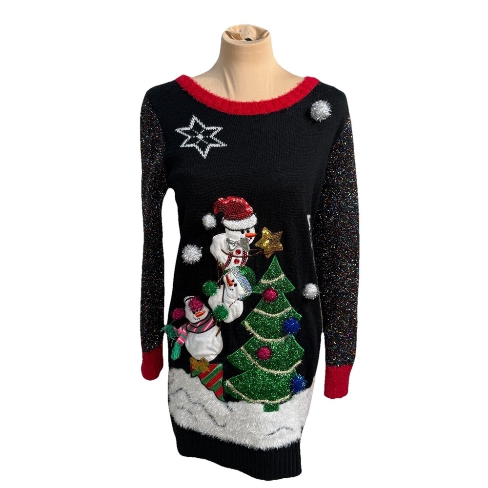 United States Sweaters Christmas Snowmen Sweater Long Top Or Dress Sz M Sequins